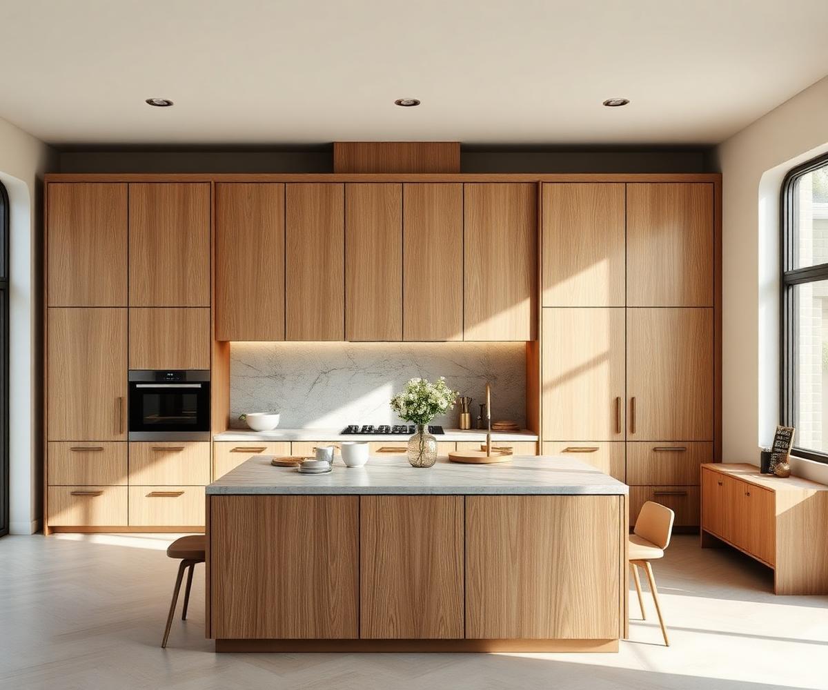 Full-height oak veneer kitchen in a Copenhagen apartment