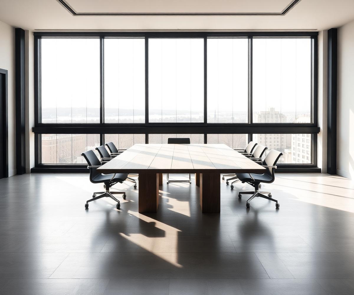 Minimal boardroom with a solid oak table in filtered daylight