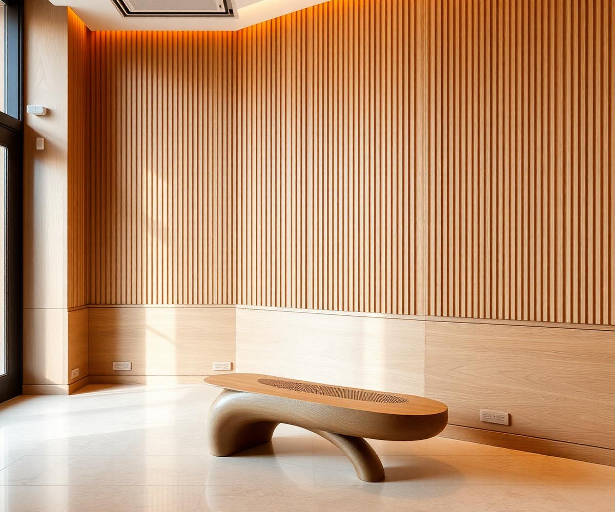 Ash panelling in a daylit hotel lobby, Kyoto