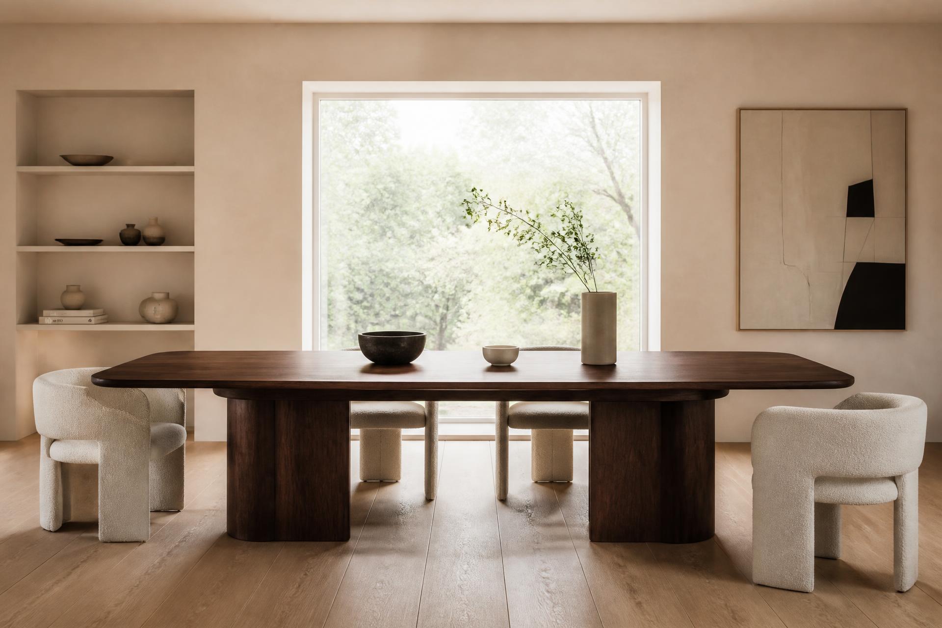 The same dining table in American walnut, identical light and geometry